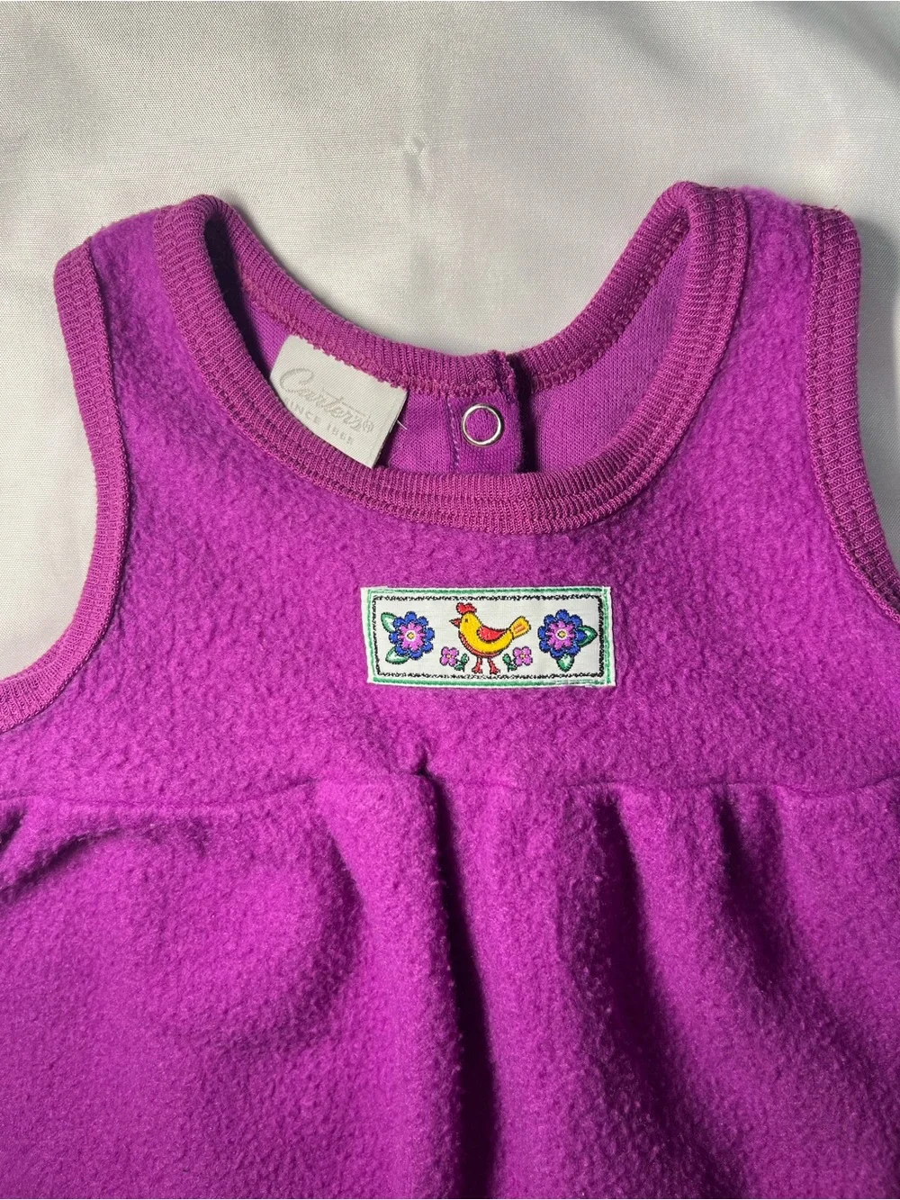 Vintage Carter’s Fleece Sleeveless Romper Baby Girls 0-3M Purple Chicken